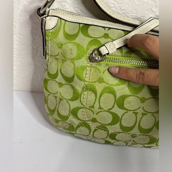 Coach APPLE GREEN Signature Canvas White Leather Trim Shoulder Bag